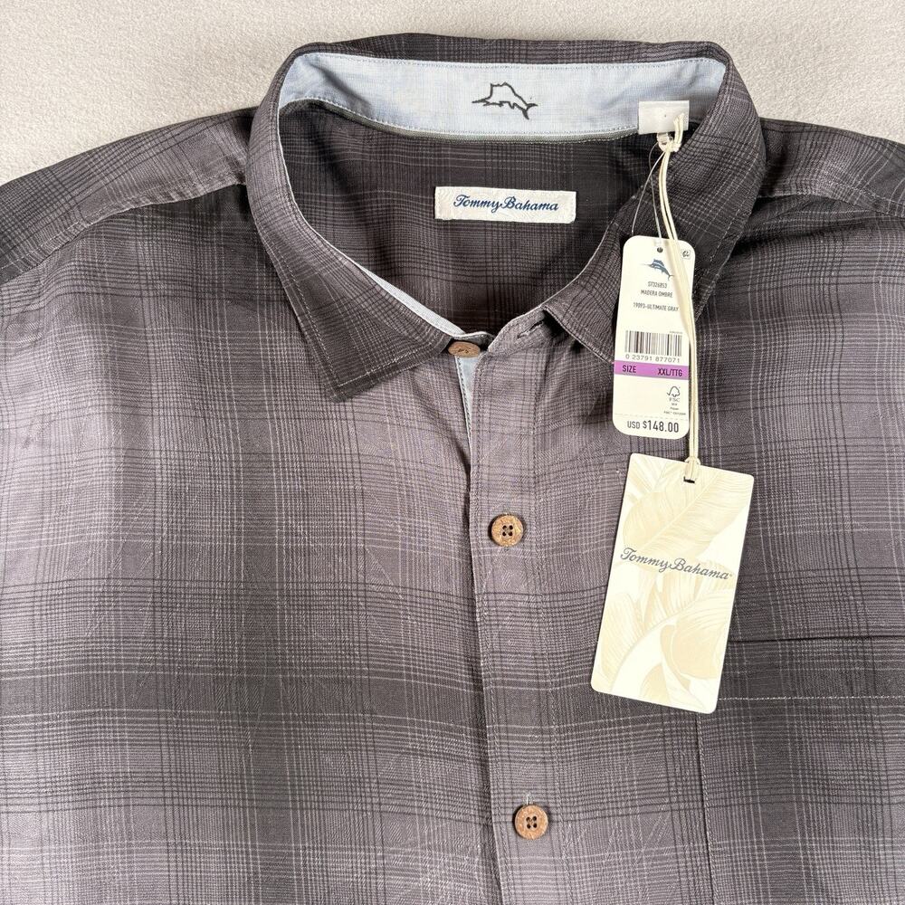 Tommy Bahama Madera Ombre Men's XXL Gray Plaid Short Sleeve Shirt Silk NWT $148